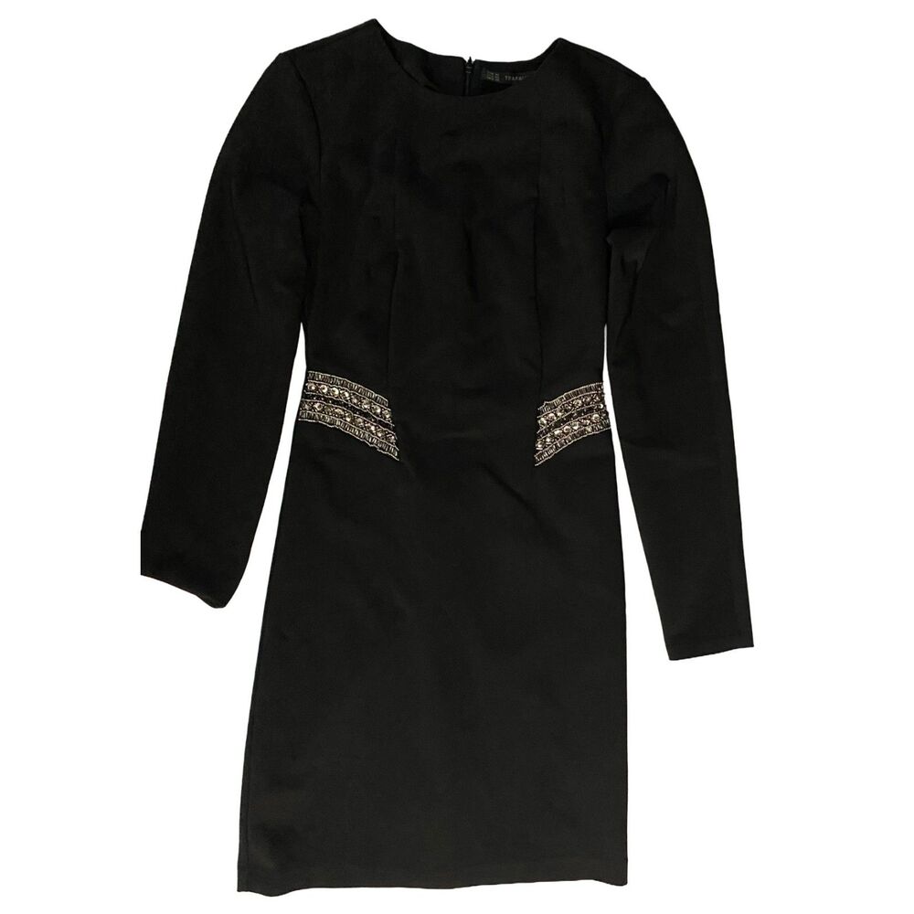 ZARA Trafaluc Black Long Sleeve Mini Dress XS Embellished Waist Bodycon Stretch